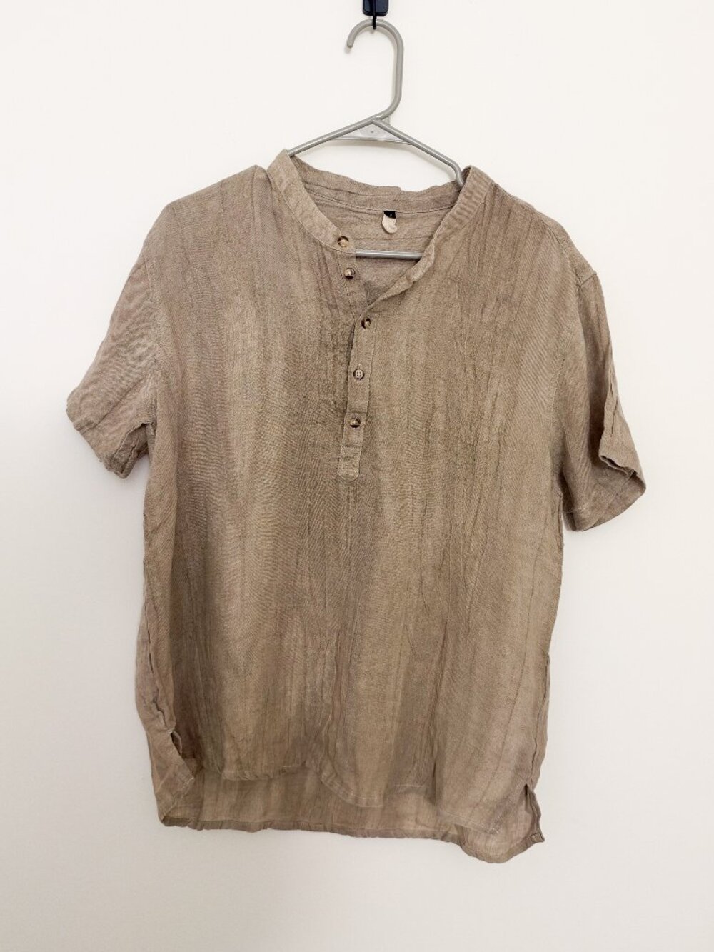 100% Linen Henley Shirt Medium Beige Short Sleeve Banded Collar Coastal